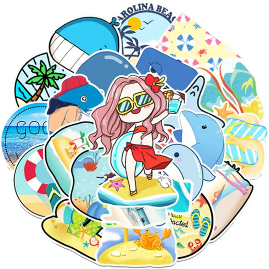 50 Cartoon and Lovely Beach Whale Summer Vacation Doodle Handmade Journal Materials, Skateboard Decoration Stickers, Toys