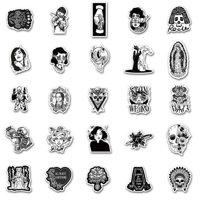 50PCS Gothic Punk Stickers, Black White Horror Doodle Decals for Laptops, Skateboards, and Alt Culture