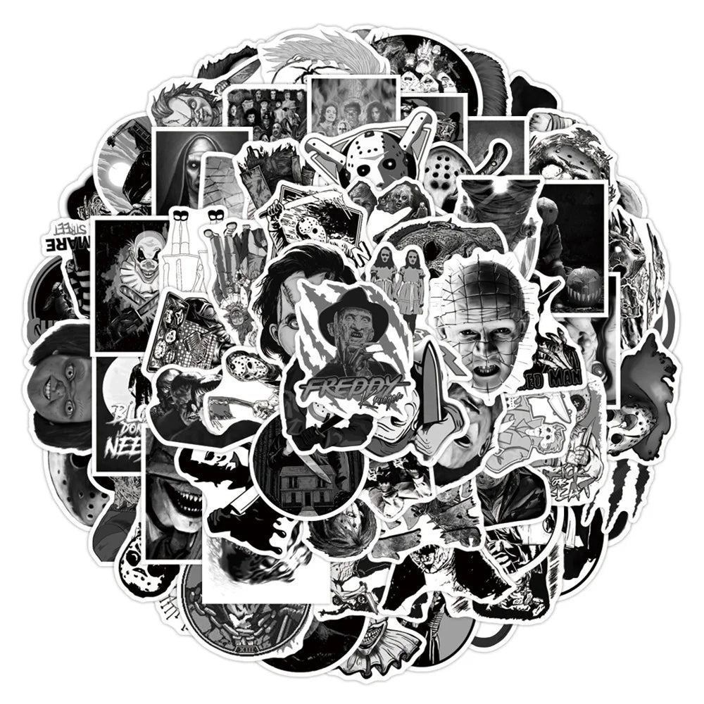 50PCS Black and White Stickers Thriller Demon Character Skateboard Laptop Spoof Waterproof Sticker
