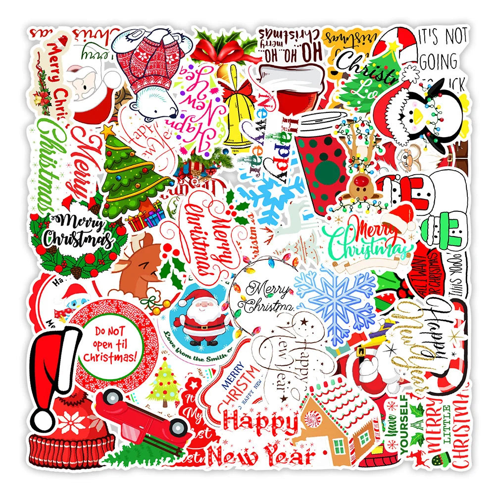 50PCS Art Illustration Popular Creative Cute Cartoon Christmas Day Christmas Slogan Decorative Style Graffiti Stickers Personality Fashion Creative Trend DIY Exquisite Decorative Decals for Cups, Helmets, Skateboards Popular Stickers Toys