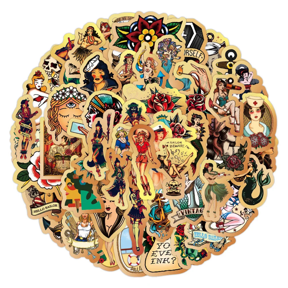 50pcs Retro Beauty Sailor Jerry Graffiti Sticker Waterproof Sticker