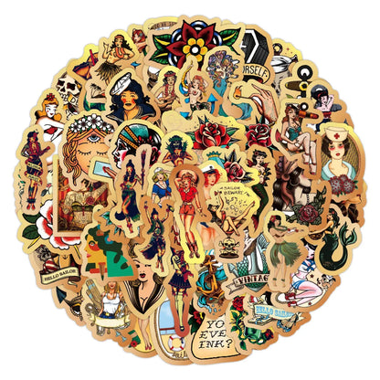 50pcs Retro Beauty Sailor Jerry Graffiti Sticker Waterproof Sticker