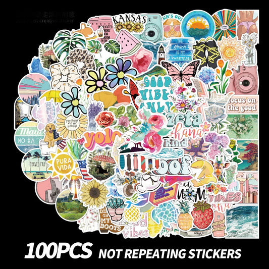 100 pieces of simple, fashionable and fresh summer beach graffiti stickers, personalized and creative stickers, luggage, car, mobile phone, computer and refrigerator decoration stickers, toys