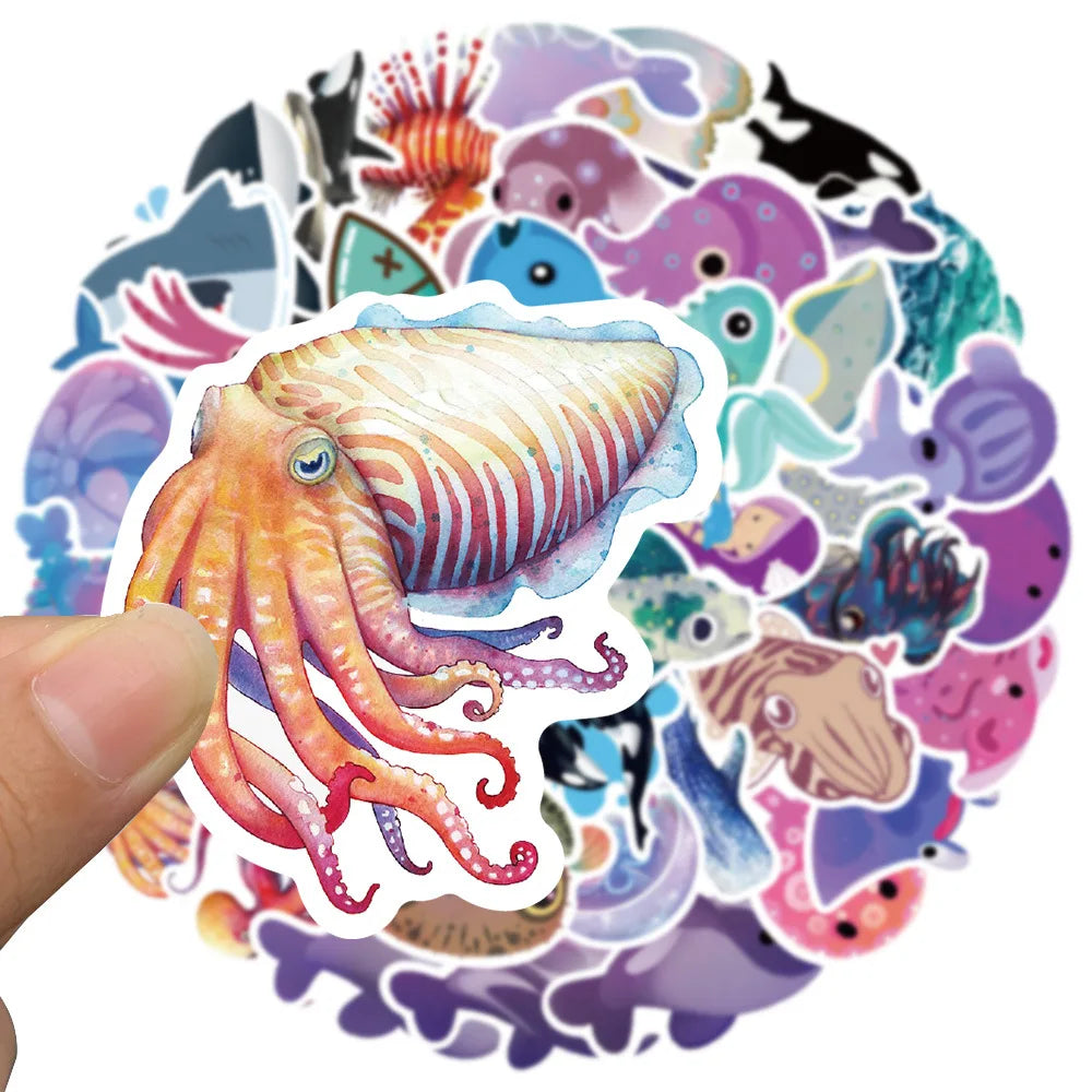 50PCS Art Illustration Popular Creative Cartoon Cute Sea Creatures Series Decorative Style Graffiti Stickers Personalised Fashion Creative DIY Exquisite Decorative Decals Suitable For Cups, Helmets, Skateboards Popular Stickers Toys