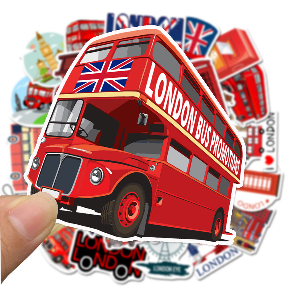 50PCS Classic Red Bus Phone Booth Graffiti Stickers, London UK, Red Design for Laptop, Trunk, Stationery Box, Desktop Decor Decals