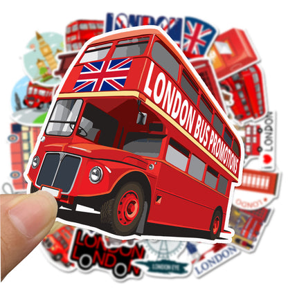 50PCS Classic Red Bus Phone Booth Graffiti Stickers, London UK, Red Design for Laptop, Trunk, Stationery Box, Desktop Decor Decals