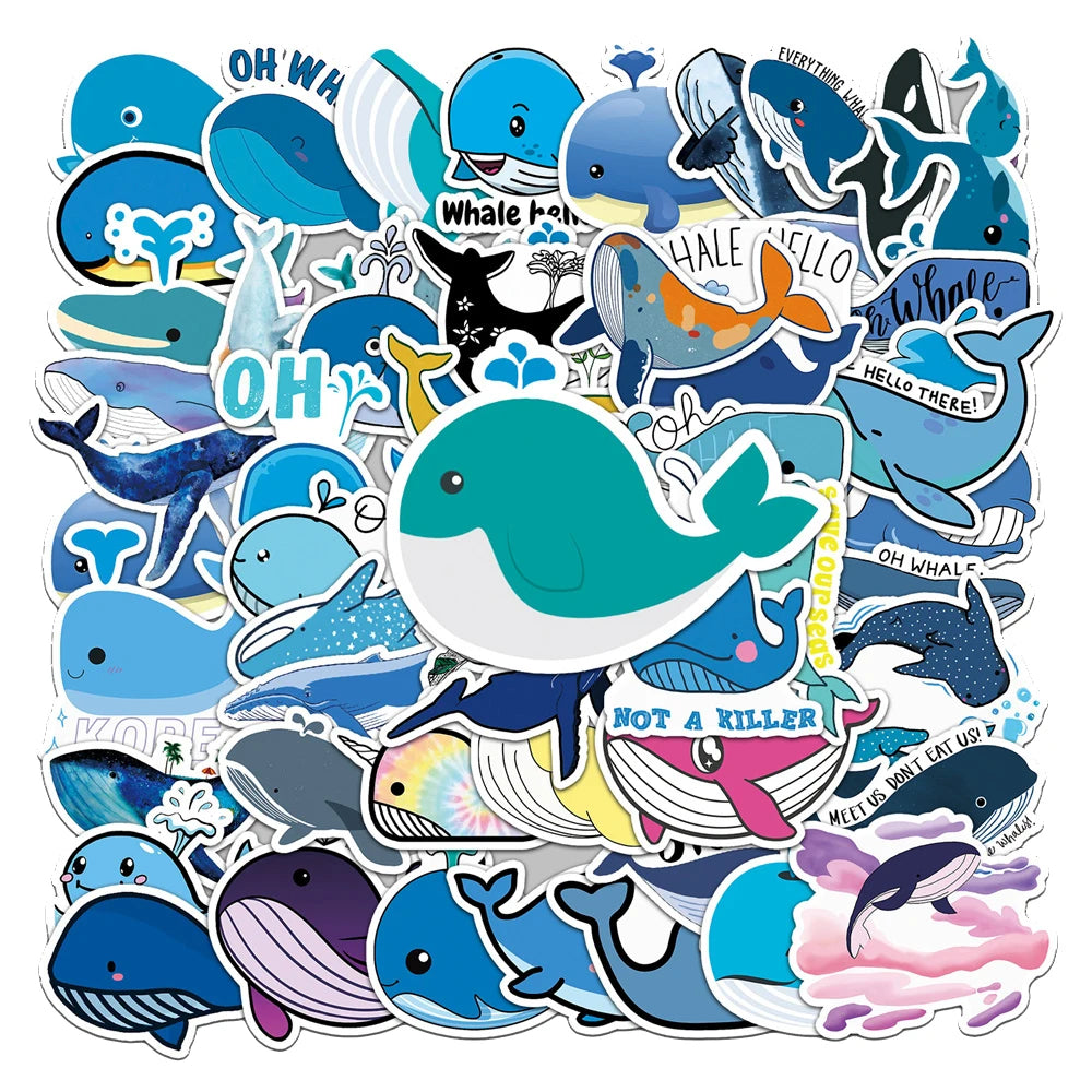 50PCS Cartoon Whale Animal Creative Stickers Graffiti Guitar Skateboard Laptop Children's Toys Cute Stickers
