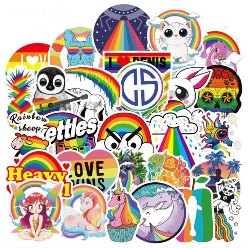 50PCS Rainbow Small Fresh Trolley Case Cute Waterproof Guitar Skateboard Graffiti Car Sticker