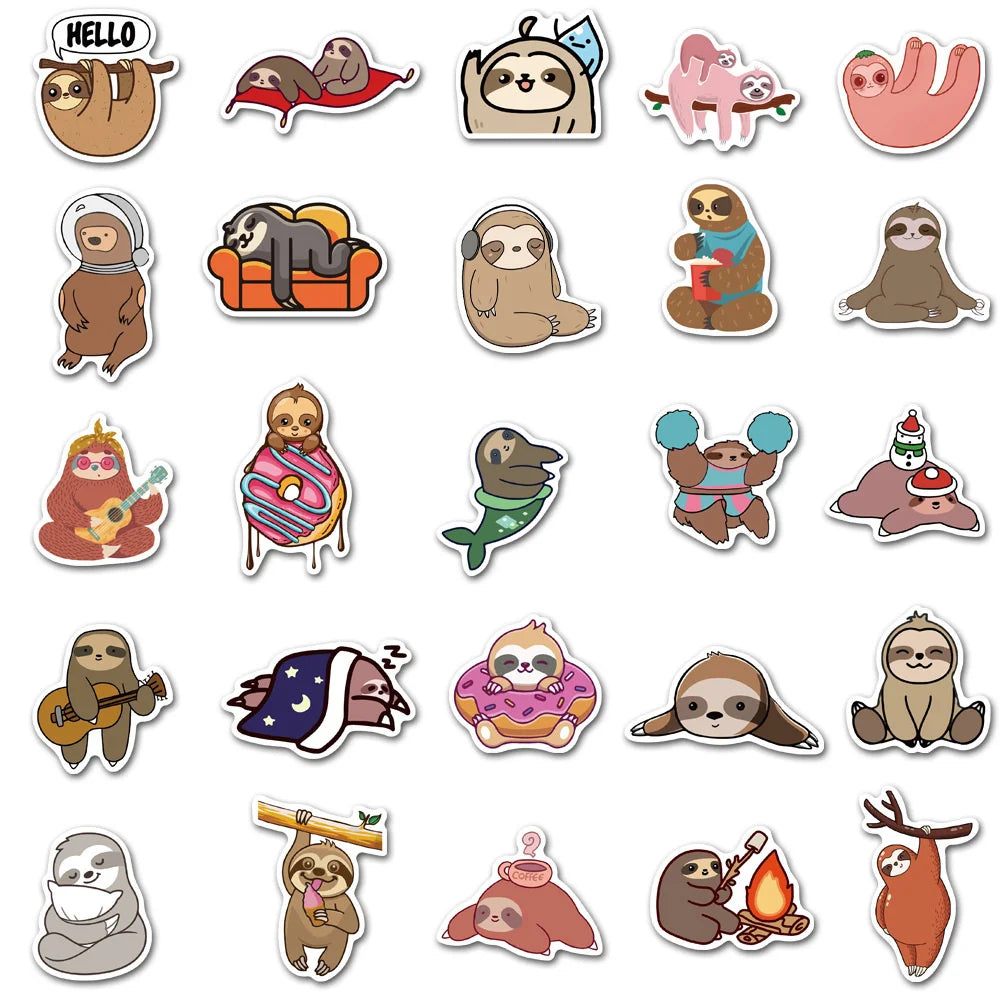 50PCS Cartoon Sloth Graffiti Sticker Luggage Laptop Car Skateboard Sticker Removable