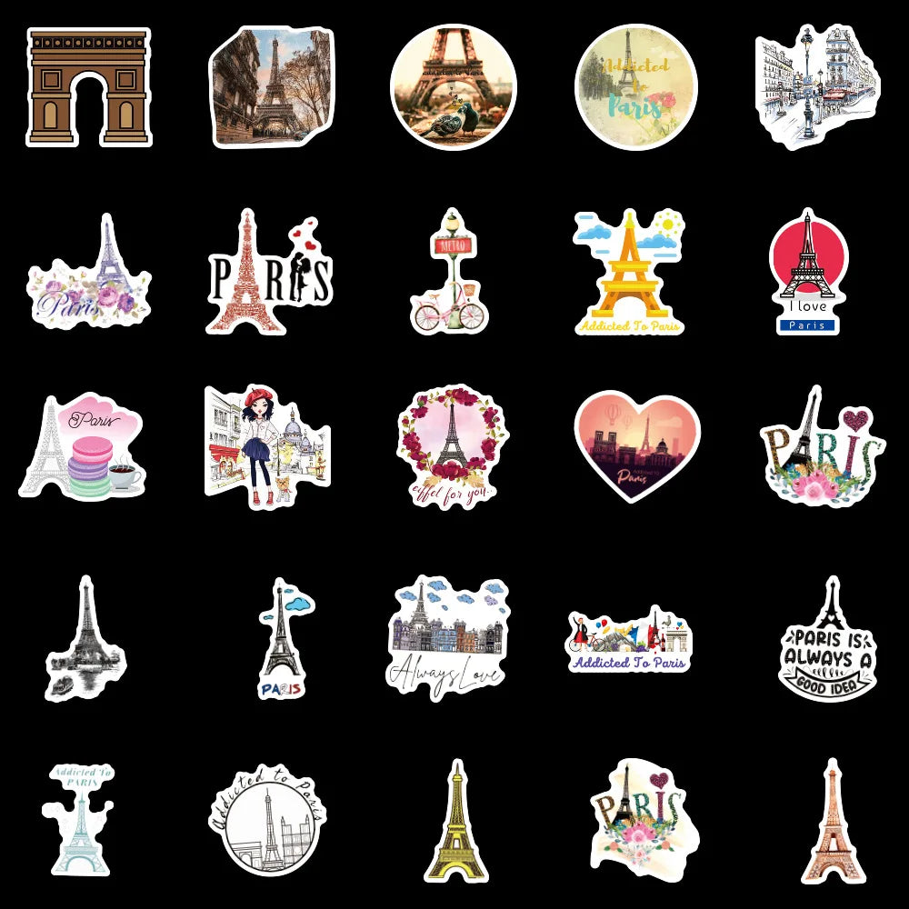 50PCS personalized Parisian landscape graffiti stickers, personalized DIY luggage, car, laptop, phone case, water cup, waterproof decorative sticker toys
