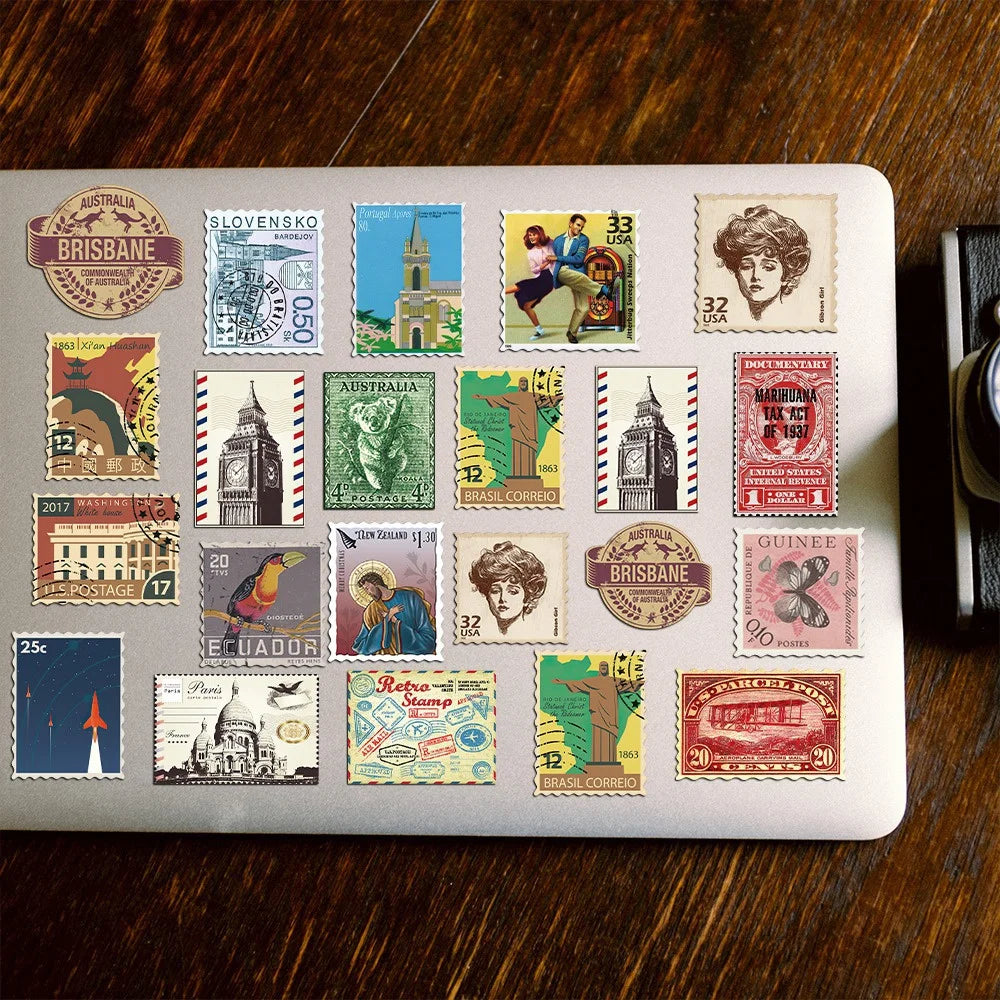 50PCS Retro Travel Stamp Sticker Pack, Nostalgic Postmark Series, Pocket Diary DIY Material Decorative Stickers