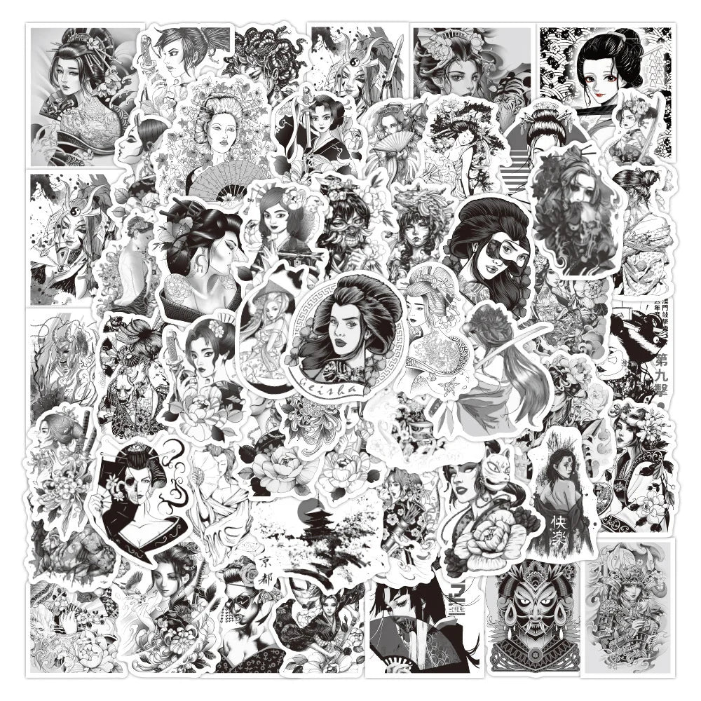 50PCS Black and White Japanese Geisha Personality Graffiti Stickers Luggage Battery Car Mobile Phone Stickers