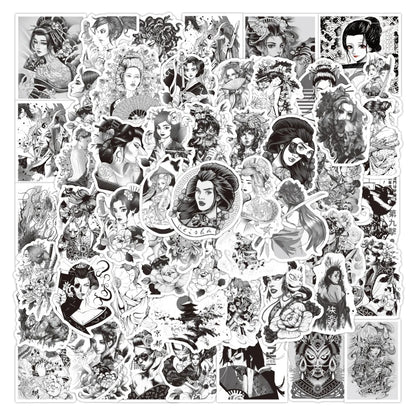50PCS Black and White Japanese Geisha Personality Graffiti Stickers Luggage Battery Car Mobile Phone Stickers