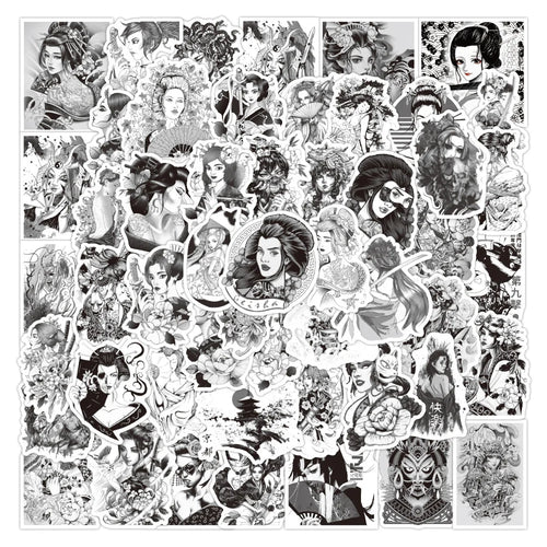 50PCS Black and White Japanese Geisha Personality Graffiti Stickers Luggage Battery Car Mobile Phone Stickers