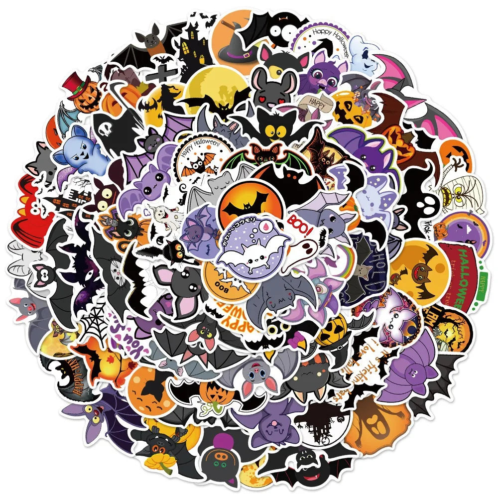 50PCS Art Illustration Popular Creative Cute Cartoon Halloween Bat Decoration Style Graffiti Stickers Personality Fashion Creative DIY Exquisite Decorative Decals For Cups, Helmets, Skateboards Popular Stickers Toys