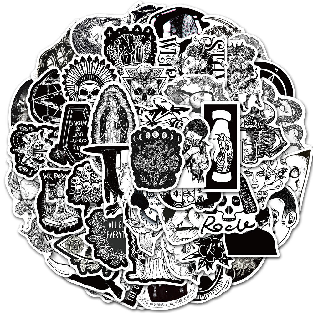 50PCS Gothic Punk Stickers, Black White Horror Doodle Decals for Laptops, Skateboards, and Alt Culture