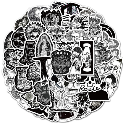 50PCS Gothic Punk Stickers, Black White Horror Doodle Decals for Laptops, Skateboards, and Alt Culture
