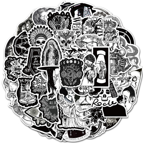 50PCS Gothic Punk Stickers, Black White Horror Doodle Decals for Laptops, Skateboards, and Alt Culture