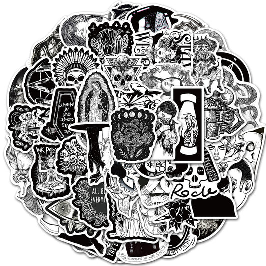 50PCS Gothic Punk Stickers, Black White Horror Doodle Decals for Laptops, Skateboards, and Alt Culture