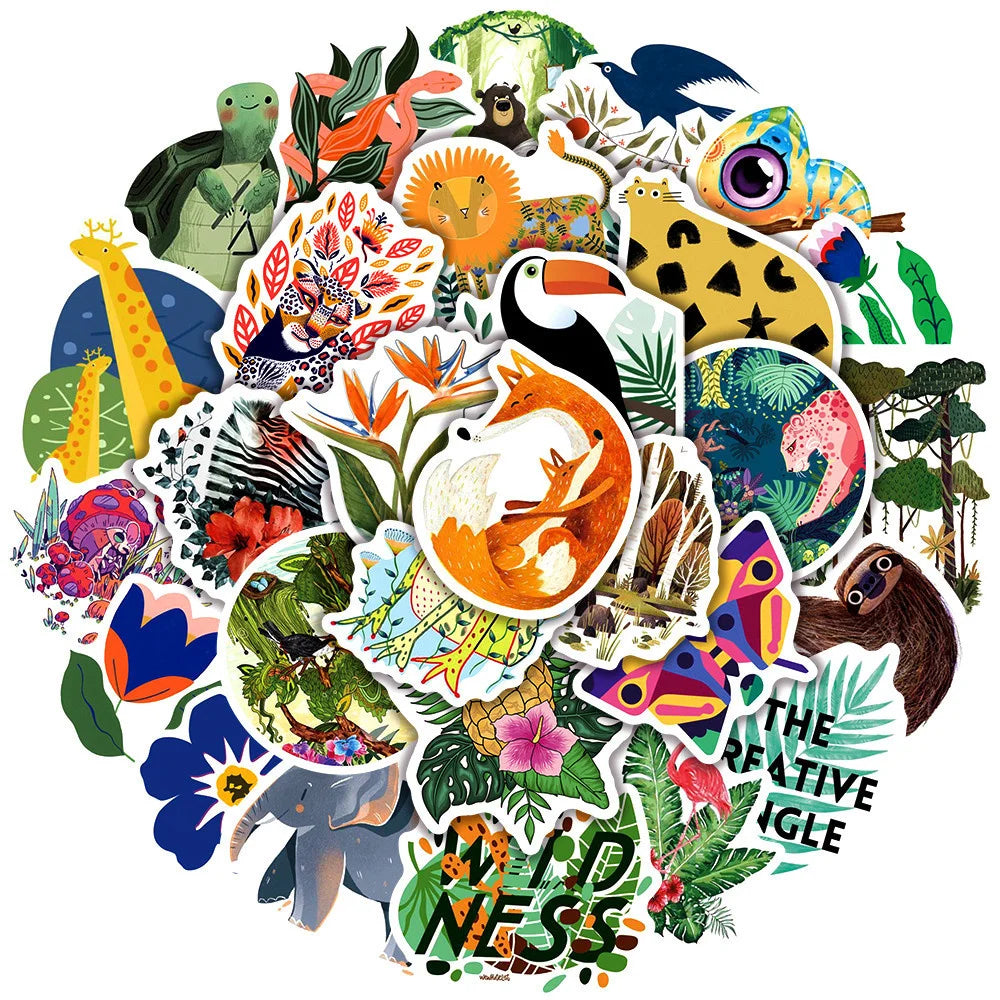 50PCS Artistic Sense Children's Illustration Animal and Plant Graffiti Stickers Trolley Case Notebook Stickers