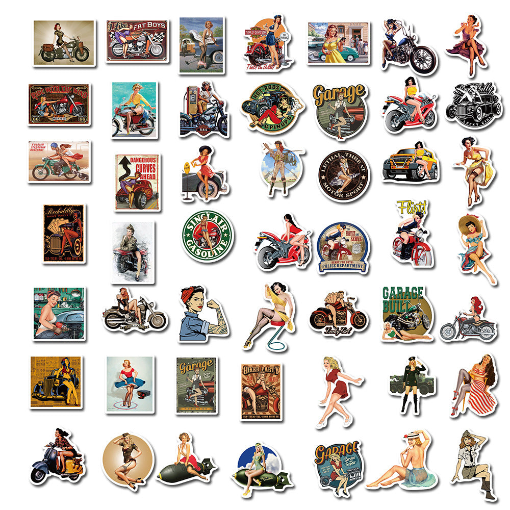 100PCS Hip-Hop Motorcycle Retro Girl Graffiti Stickers Perfect for Suitcases, Laptops, Skateboards, Water Bottles, Helmets, Stationery Boxes Exquisite DIY Desktop Decorations & Journal Stickers