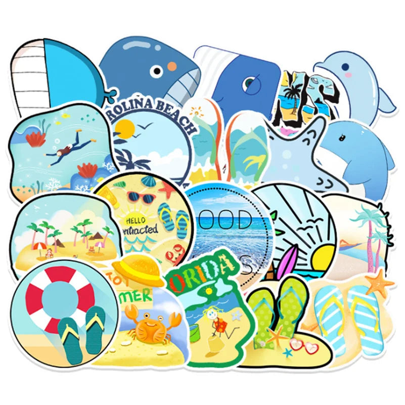 50 Cartoon and Lovely Beach Whale Summer Vacation Doodle Handmade Journal Materials, Skateboard Decoration Stickers, Toys