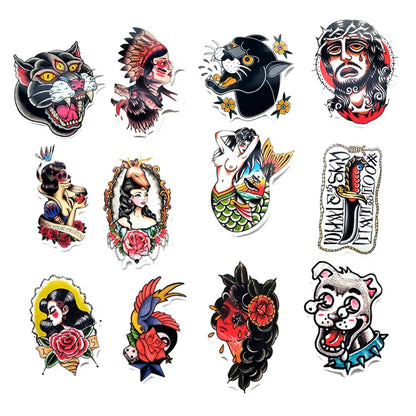 50PCS Retro Tattoo Style Graffiti Suitcase Waterproof Stickers Color Craft Guitar Computer Car Stickers