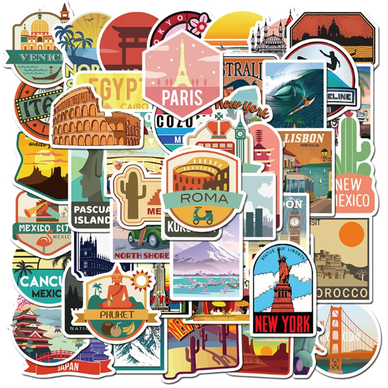 50PCS  travel city landscape sticker mobile phone case skateboard luggage waterproof graffiti sticker toy