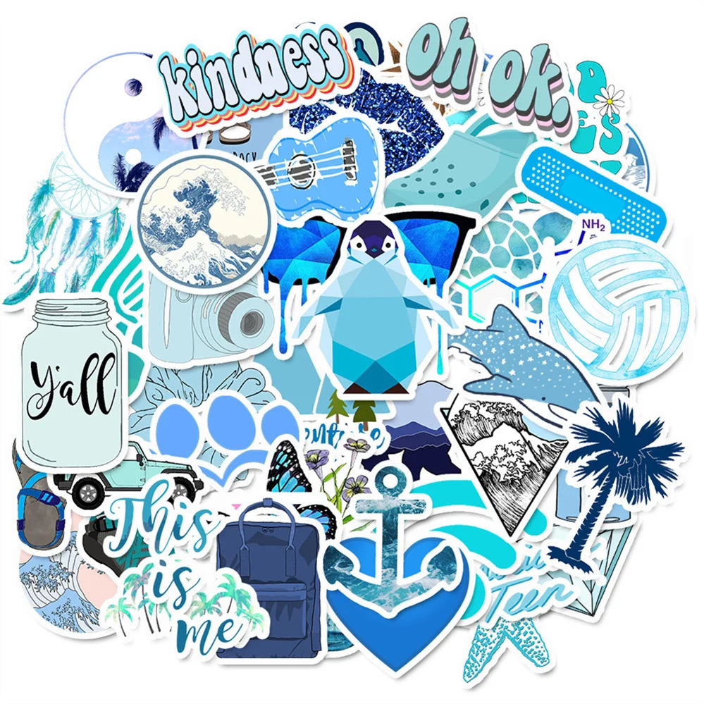 50PCS  Cartoon Blue Small Fresh Series Diary Graffiti Suitcase Skateboard Decoration Waterproof Stickers