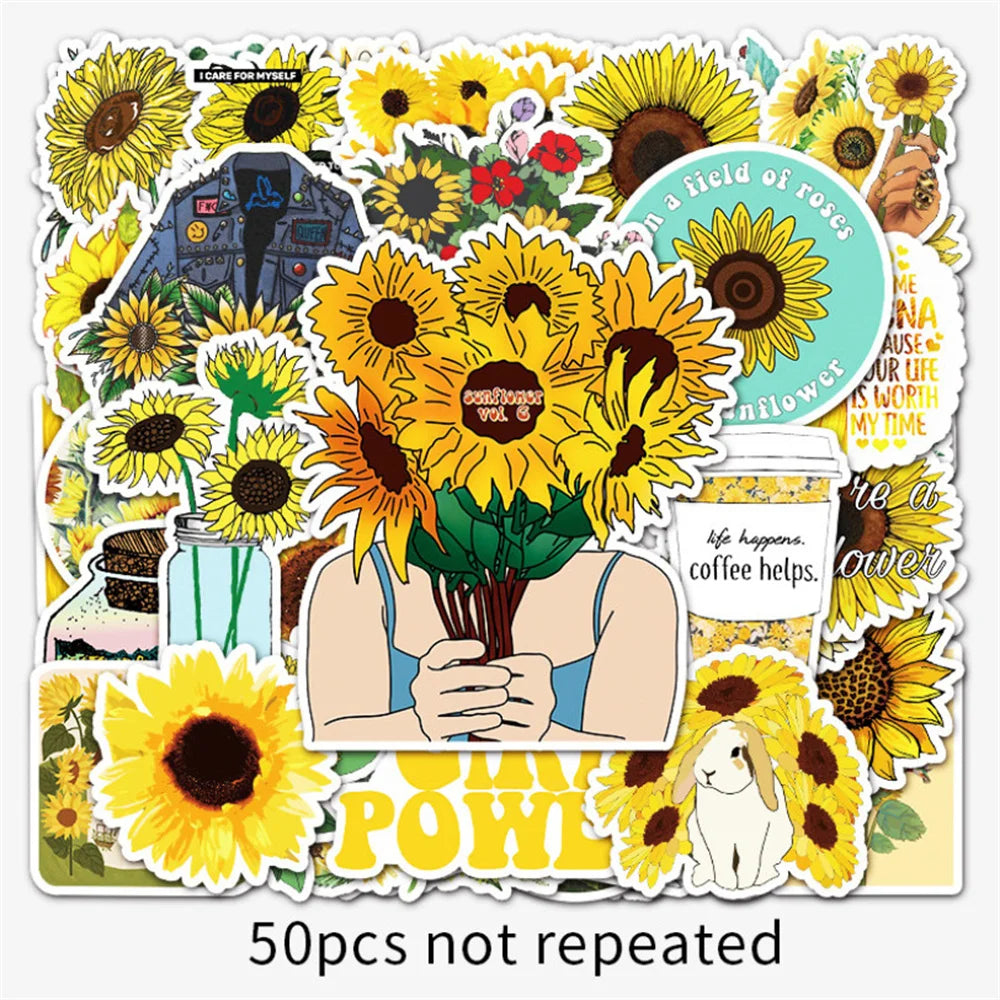 50 pieces of cartoon color sunflower graffiti stickers, personalized trolley, notebook, planner, decorative waterproof sticker toys