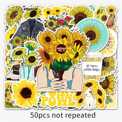 50 pieces of cartoon color sunflower graffiti stickers, personalized trolley, notebook, planner, decorative waterproof sticker toys