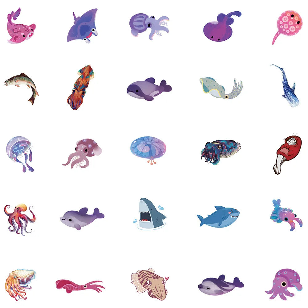 50PCS Art Illustration Popular Creative Cartoon Cute Sea Creatures Series Decorative Style Graffiti Stickers Personalised Fashion Creative DIY Exquisite Decorative Decals Suitable For Cups, Helmets, Skateboards Popular Stickers Toys