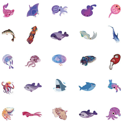 50PCS Art Illustration Popular Creative Cartoon Cute Sea Creatures Series Decorative Style Graffiti Stickers Personalised Fashion Creative DIY Exquisite Decorative Decals Suitable For Cups, Helmets, Skateboards Popular Stickers Toys