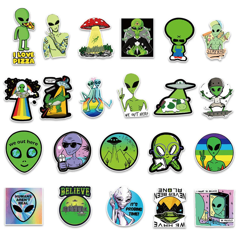 50 pieces of fun cartoon alien graffiti stickers, personalized DIY decorative skateboard luggage, mobile phone, PVC waterproof sticker toys