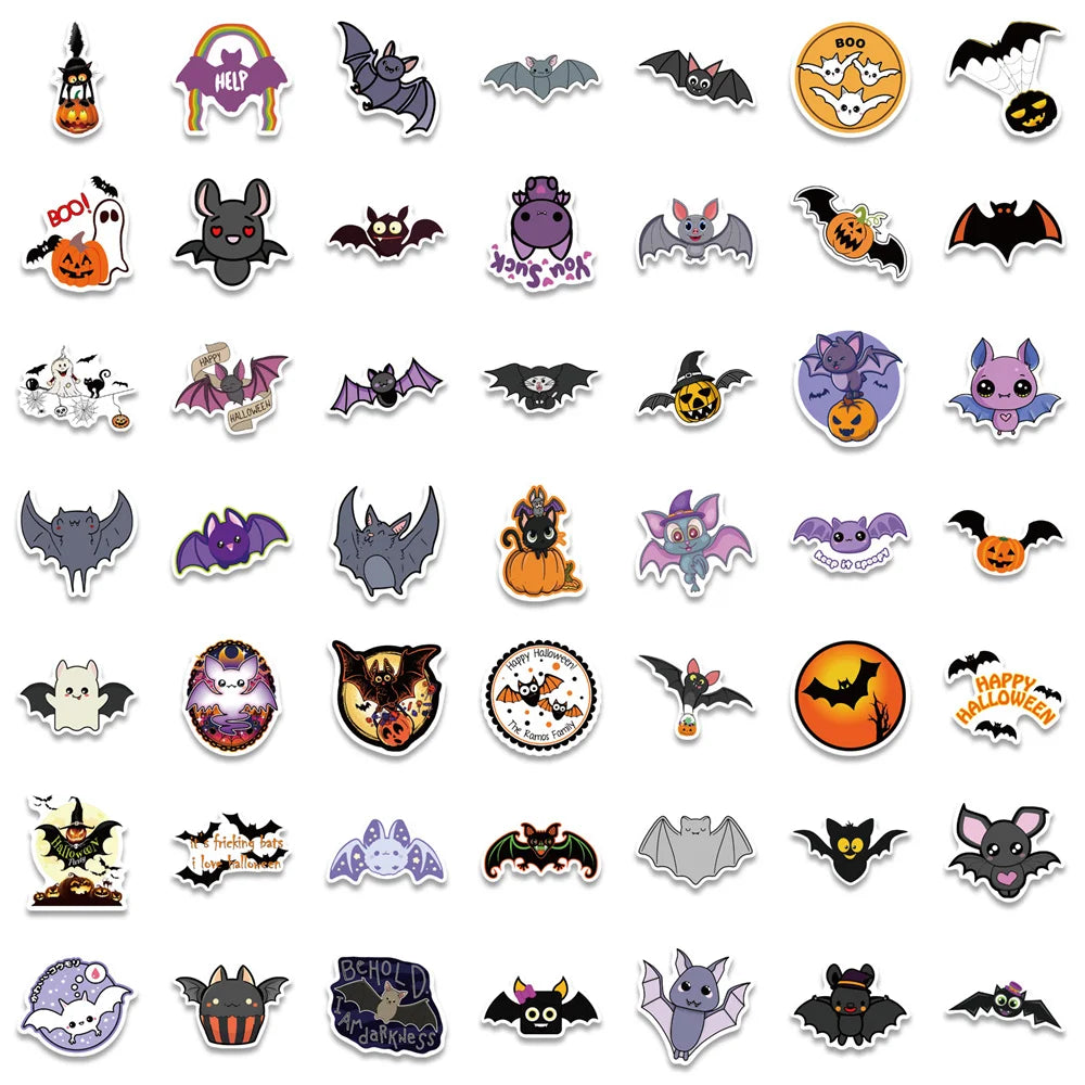 50PCS Sheet Art Illustration Popular Creative Cartoon Halloween Bat Ghost Decoration Style Graffiti Stickers Personality Fashion Creative Trend DIY Exquisite Decorative Decals for Cups, Helmets, Skateboards Popular Stickers Toys