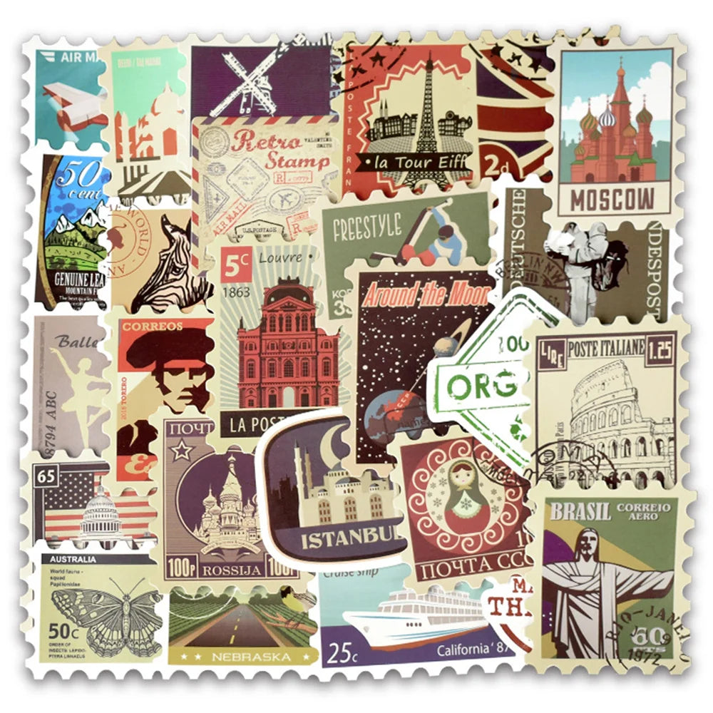 50PCS Retro Stamp Series Graffiti Laptop Guitar Motorcycle Luggage Skateboard Bike Waterproof Sticker