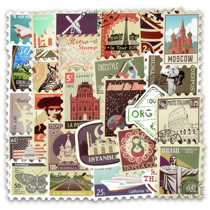 50PCS Retro Stamp Series Graffiti Laptop Guitar Motorcycle Luggage Skateboard Bike Waterproof Sticker