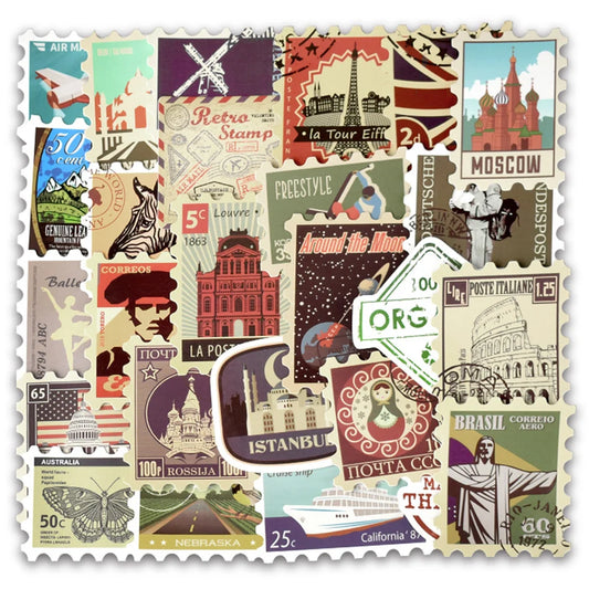 50PCS Retro Stamp Series Graffiti Laptop Guitar Motorcycle Luggage Skateboard Bike Waterproof Sticker