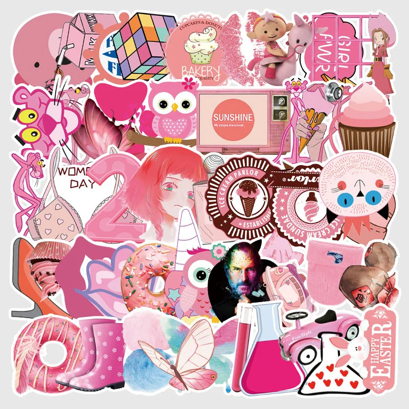 50 pieces of cute cartoon pink series graffiti stickers, personalized DIY luggage, phone cases, laptops, car and motorcycle decoration waterproof stickers toys
