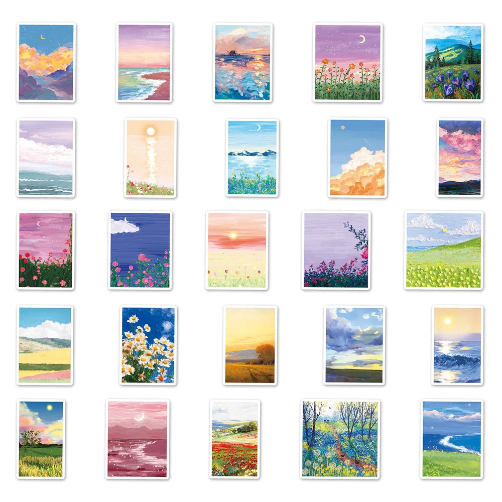 50PCS Cartoon Landscape Oil Painting Aesthetics Creative Graffiti Scrapbook Guitar Phone Case Gift Toy Sticker