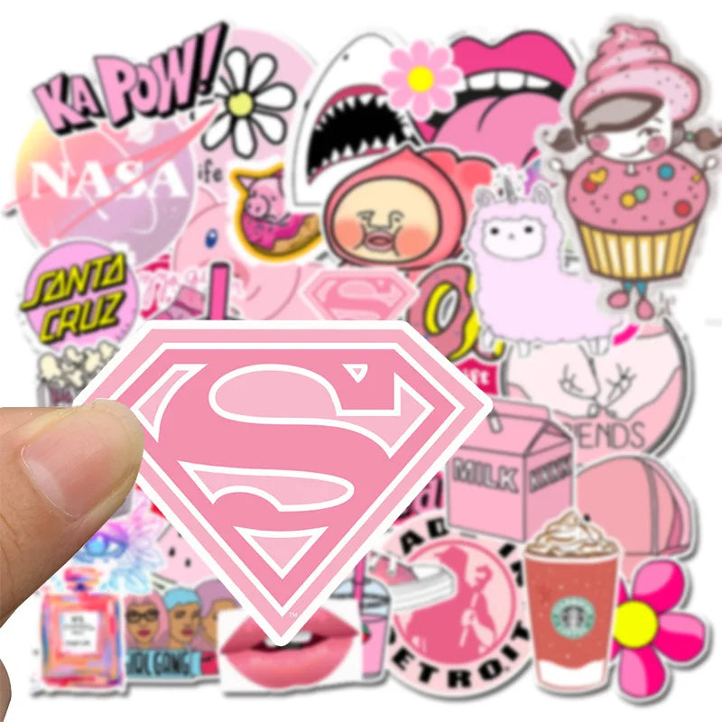 50PCS Pink Girl Cute Cartoon Graffiti Suitcase Trolley Skateboard Guitar Personality Sticker Waterproof