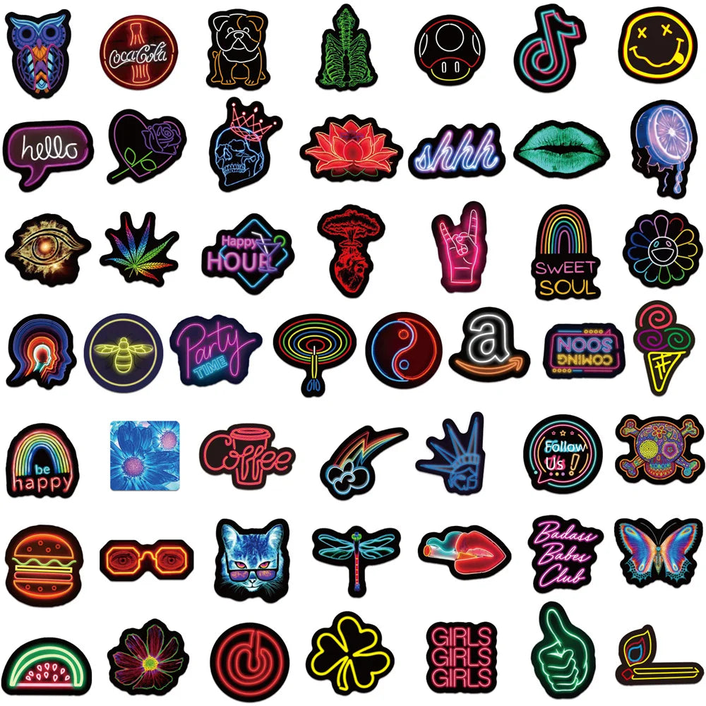 50PCS Popular Colorful Neon Design Daily Comic Graffiti Sticker Logo Flower Water Cup Trolley Case Sticker