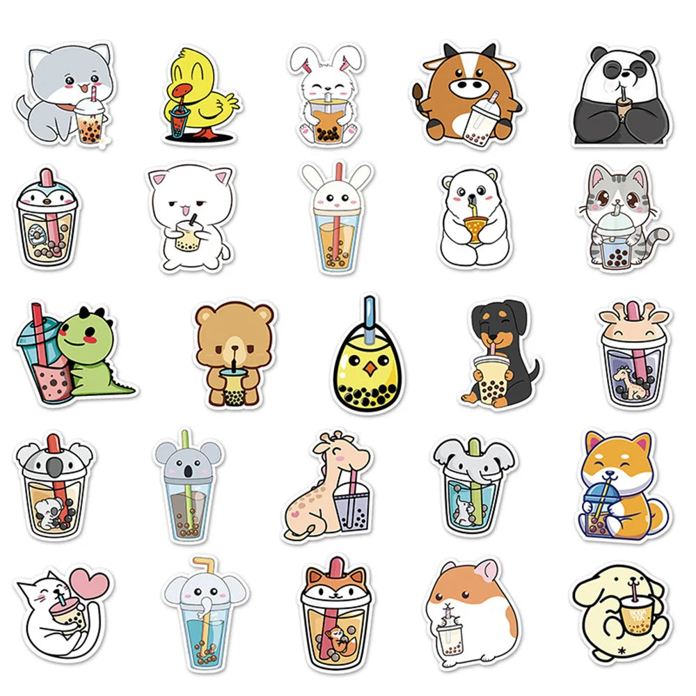 50PCS Cute Cartoon Animal Milk Tea Personalized Decorative Sticker Scooter Motorcycle Luggage Car Sticker