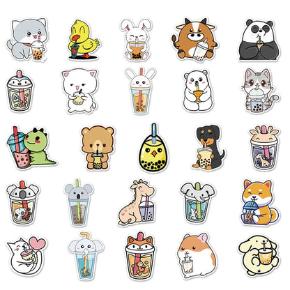 50PCS Cute Cartoon Animal Milk Tea Personalized Decorative Sticker Scooter Motorcycle Luggage Car Sticker