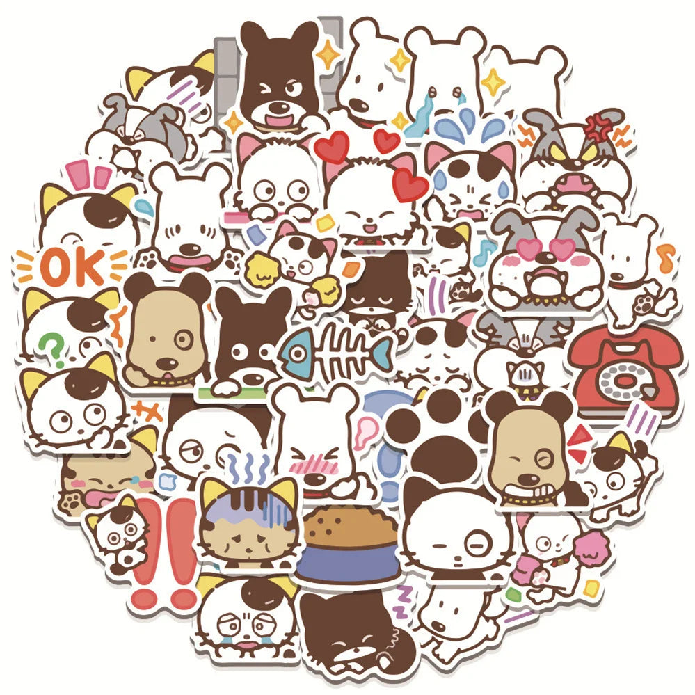50 pieces of cute cartoon animal cat and dog decorative style graffiti stickers, personalized, fashionable and creative DIY exquisite decorative decal cups, helmets, skateboard popular sticker toys