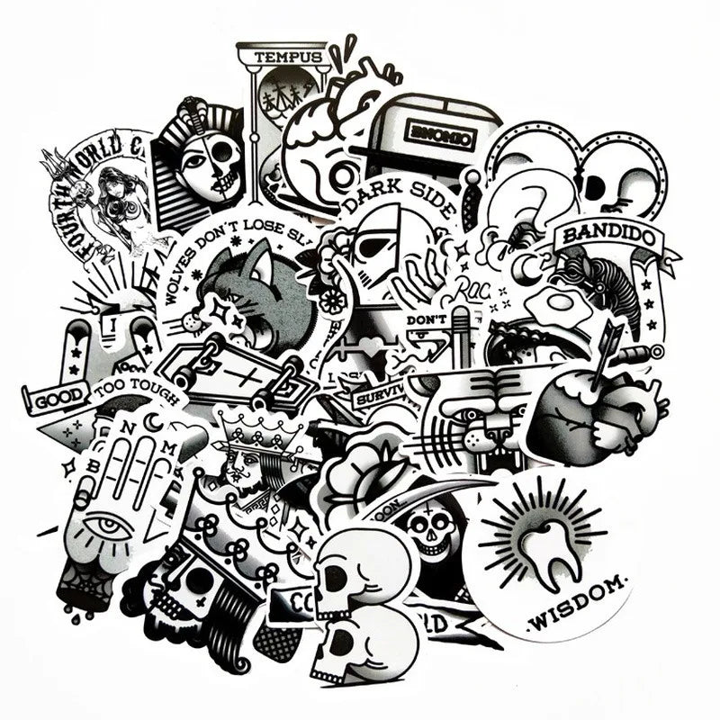 50 pieces of black and white creative Egyptian element pattern graffiti stickers, personalized DIY home decoration stickers for mobile phones, laptops, notebooks, suitcases and refrigerators, toys