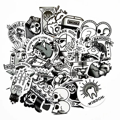 50 pieces of black and white creative Egyptian element pattern graffiti stickers, personalized DIY home decoration stickers for mobile phones, laptops, notebooks, suitcases and refrigerators, toys