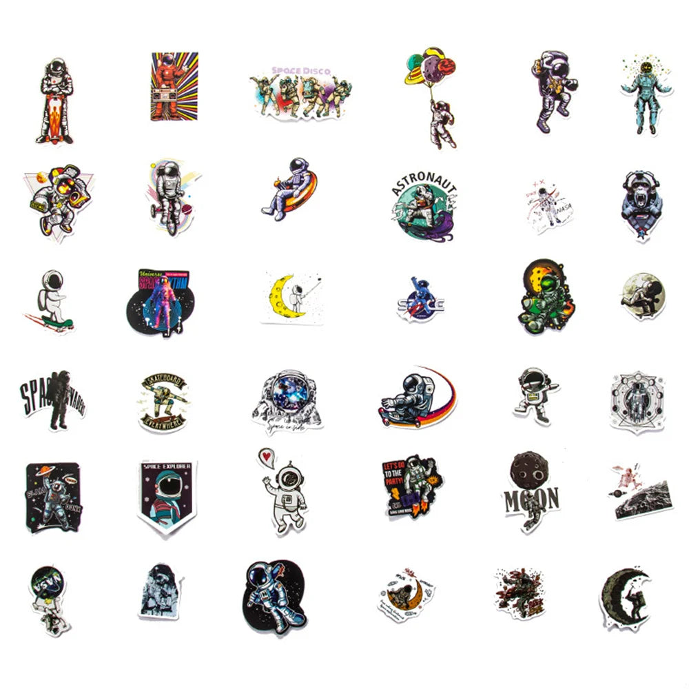 50PCS Astronaut Space Station Cartoon Stickers Rocket Moon Universe Computer Trolley Case Graffiti Stickers