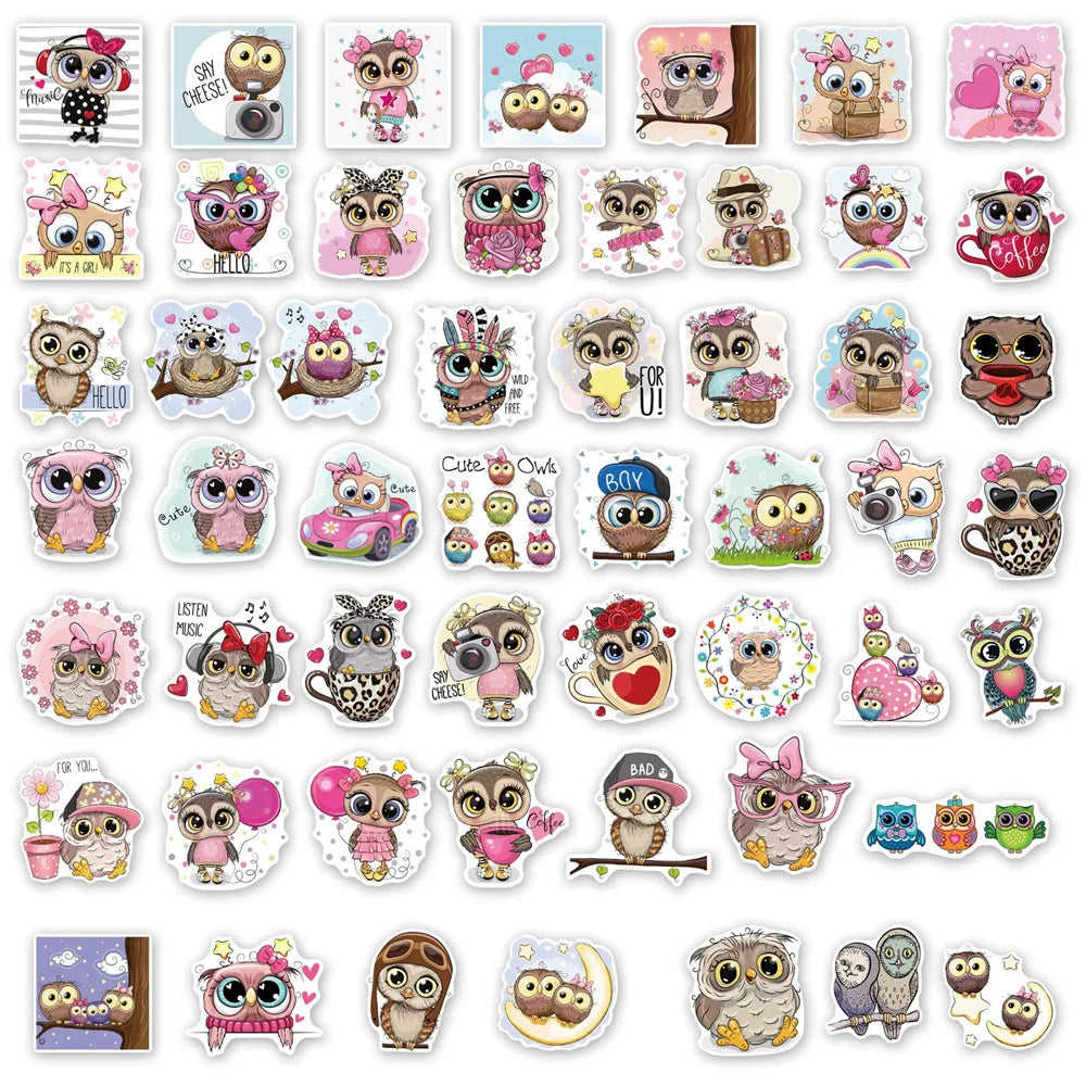 50PCS Art Illustration Popular Creative Cartoon Cute Animal Owl Series Decorative Style Graffiti Sticker Personality Fashion Creative DIY Exquisite Decorative Decals Suitable For Cups, Helmets, Skateboards Popular Stickers Toys