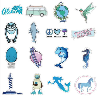 50PCS cartoon ocean blue style series decorative style graffiti stickers, personalized, fashionable and creative DIY exquisite decorative decal cups, helmets, skateboard popular sticker toys
